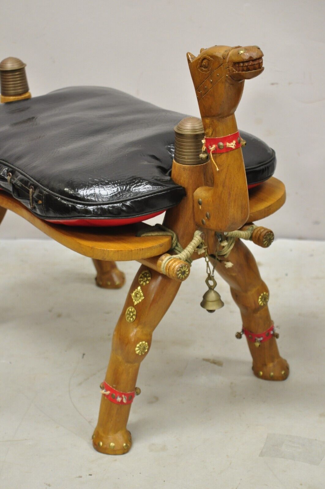 Vintage Camel Saddle Stools Carved Wood Black/Red Cushions - a Pair