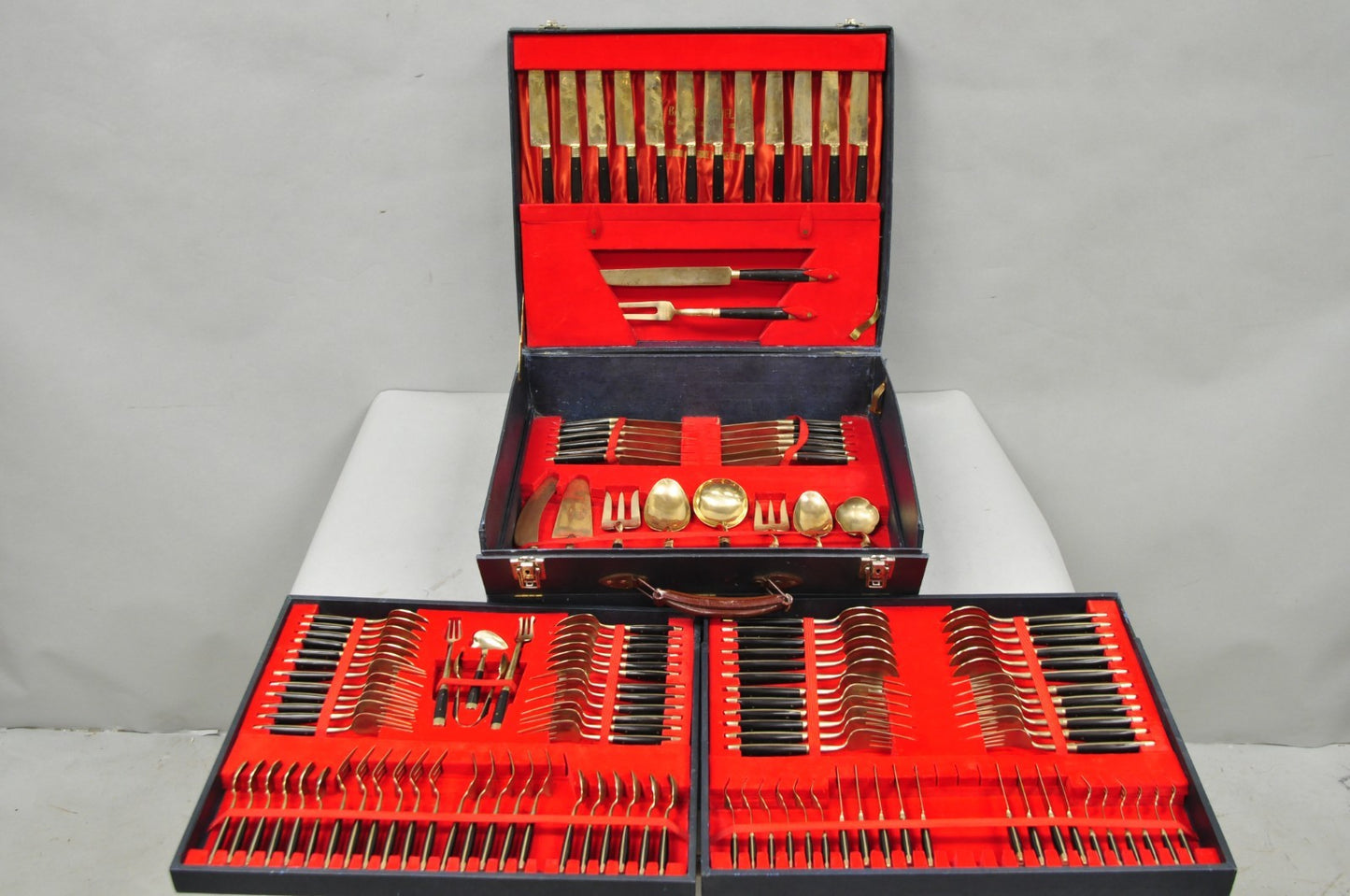 Vintage Bangkok Jewels Bronze Brass & Celluloid Flatware Set in Case - 130 Pcs