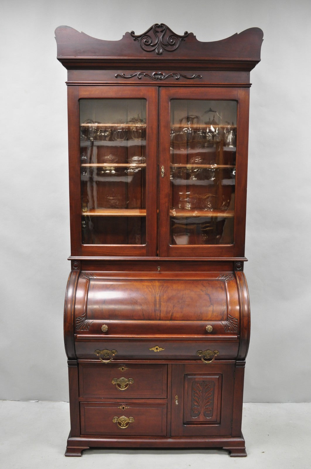 Antique Victorian Mahogany Cylinder Roll Top Bookcase Secretary Desk Cabinet