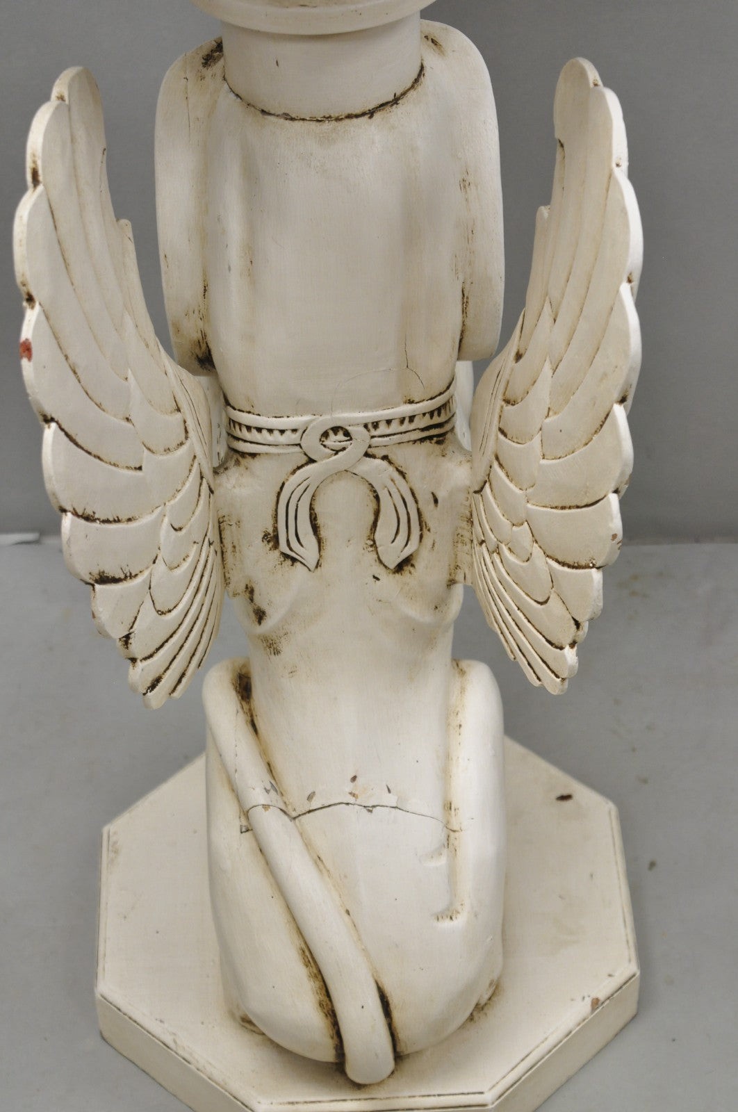 Vintage Egyptian Female Sphinx Round Marble Top Carved Wood Pedestal Plant Stand