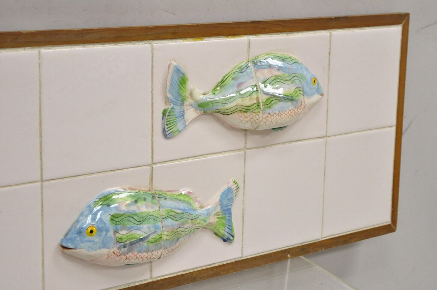 Vintage Mid Century Modern Glazed Ceramic Tile Framed Blue Green Fish Wall Art
