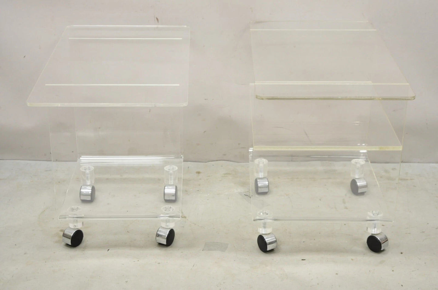 Vintage Clear Lucite Acrylic Mid Century Modern Rolling Side Tables - a Pair