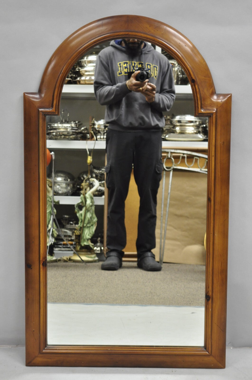 Vintage French Country Style Solid Pine Wood Sculpted Arch Wall Mirror