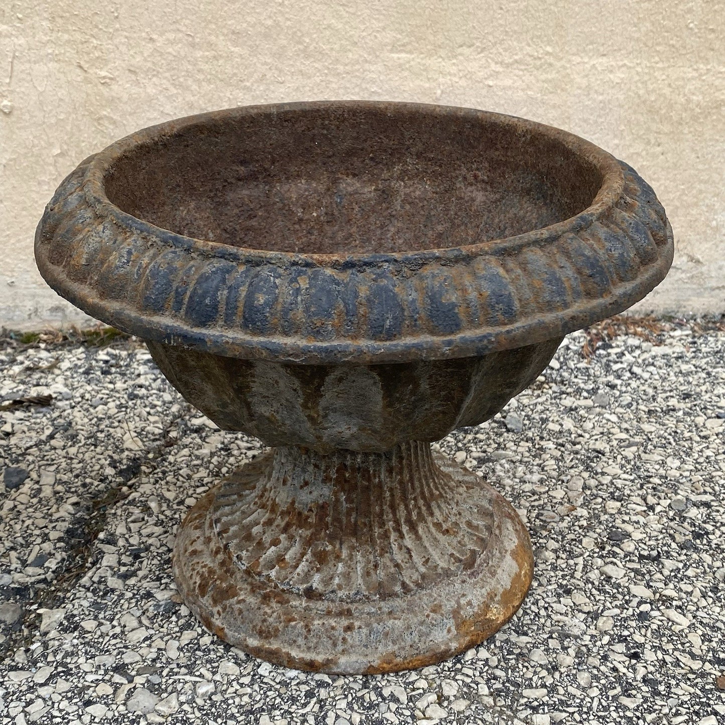 Antique French Empire Style Small 12" Cast Iron Urn Garden Planter Pots - Pair