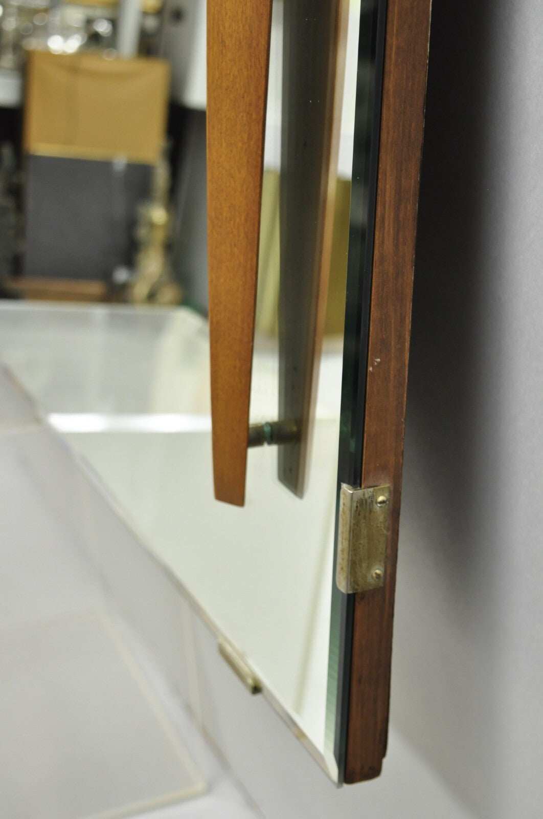 Vintage Mid Century Modern Large Wall Mirror with Raised Sculpted Walnut Accents