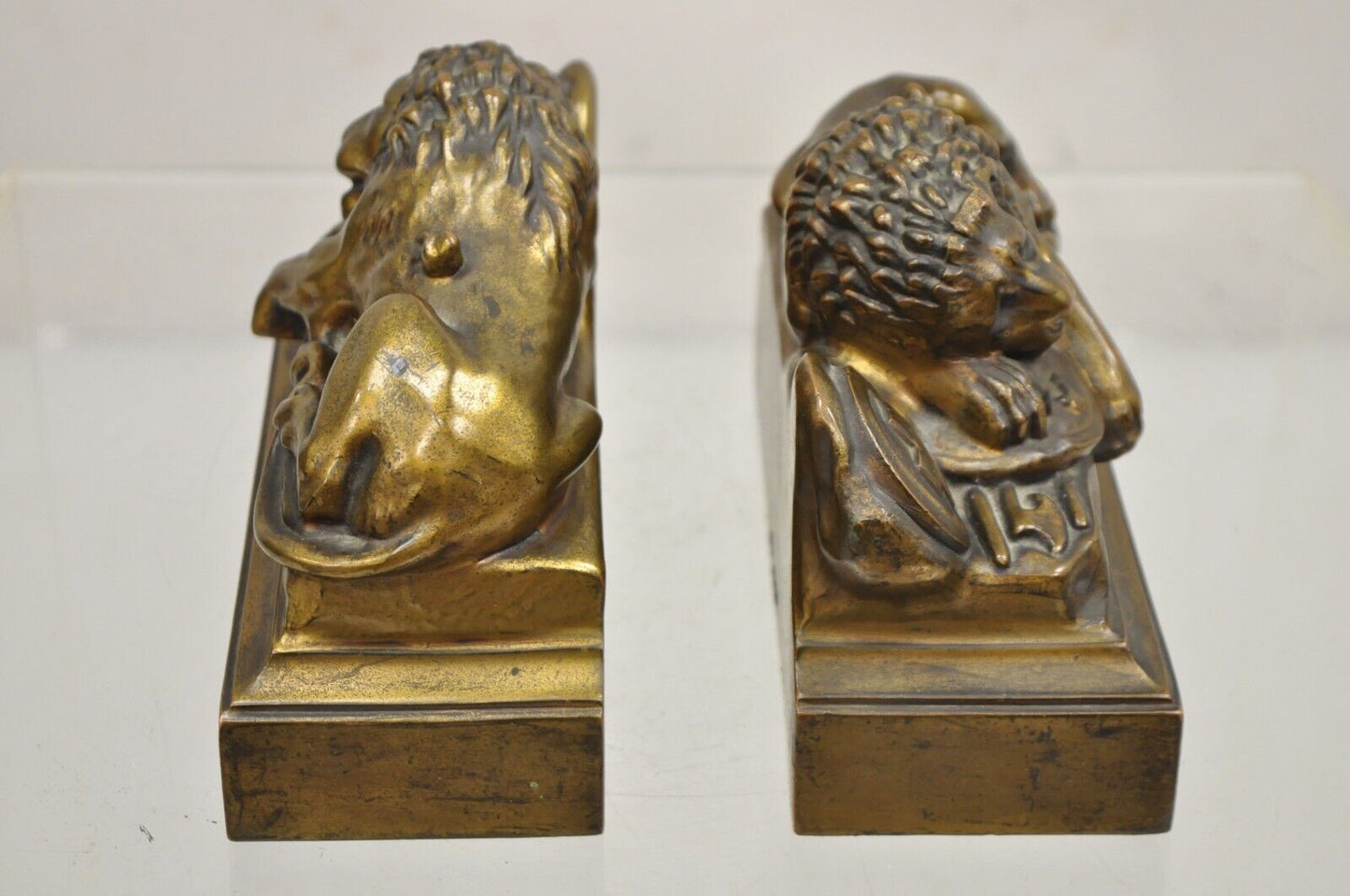Antique Swiss Guard Bronze Lion Bookends Helvetiorum Fidei AC Virtuti "JB 1570"