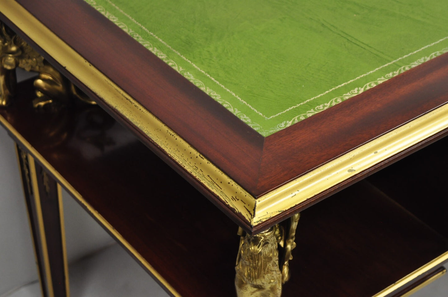 French Empire Revival Green Leather Top Bronze Griffin Mahogany Desk & Chair