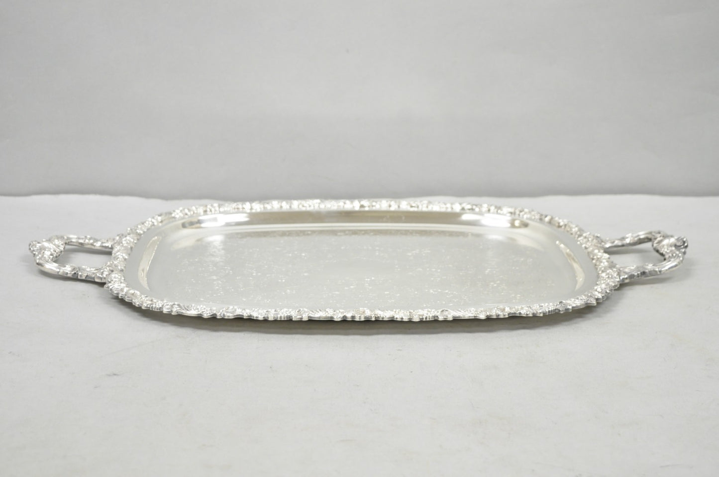 Vintage Gorham YC1466 Silver Plated Floral Repousse Bar Serving Tray w Handles