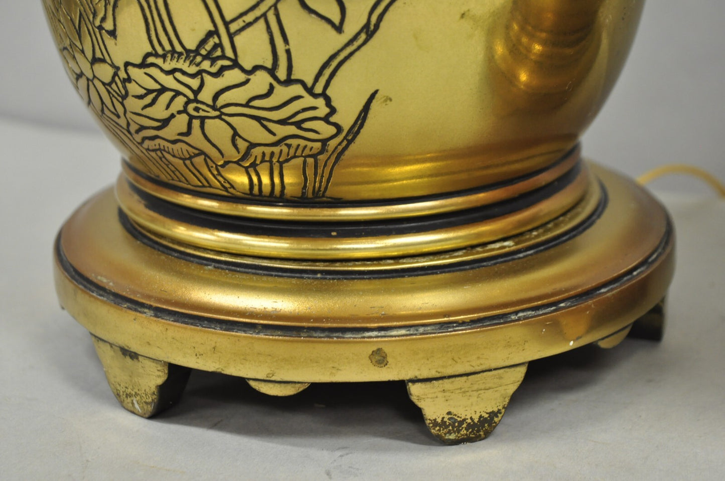Vintage Chinoiserie Brass Stacked Beehive Table Lamps with Floral Etching - Pair