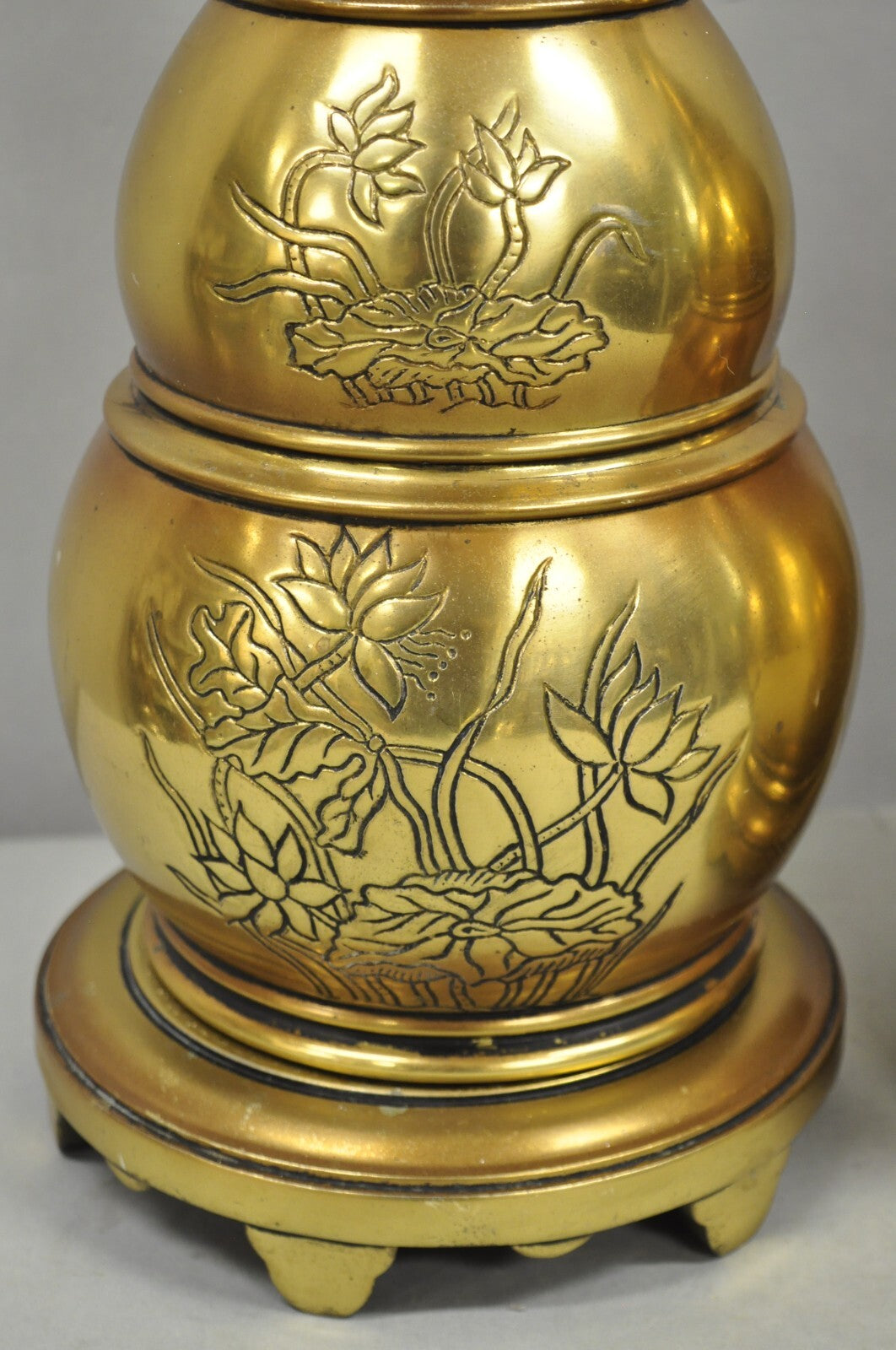 Vintage Chinoiserie Brass Stacked Beehive Table Lamps with Floral Etching - Pair