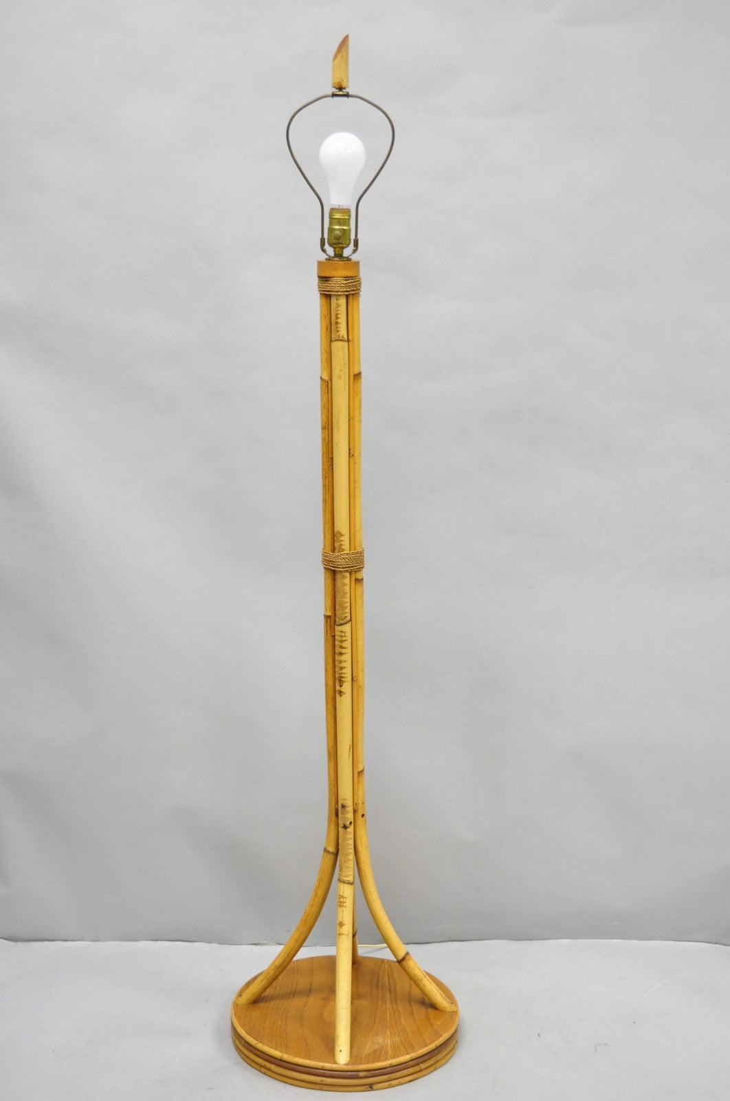 Vintage Mid Century Modern Wrapped Wooden Bamboo Tiki Room Pole Floor Lamp