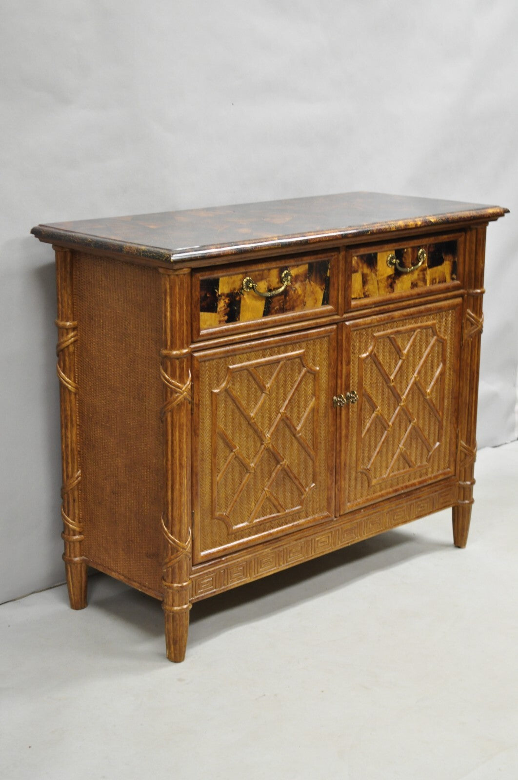 Chinese Chippendale Faux Bamboo Rattan Tortoiseshell Server Buffet Bar Cabinet