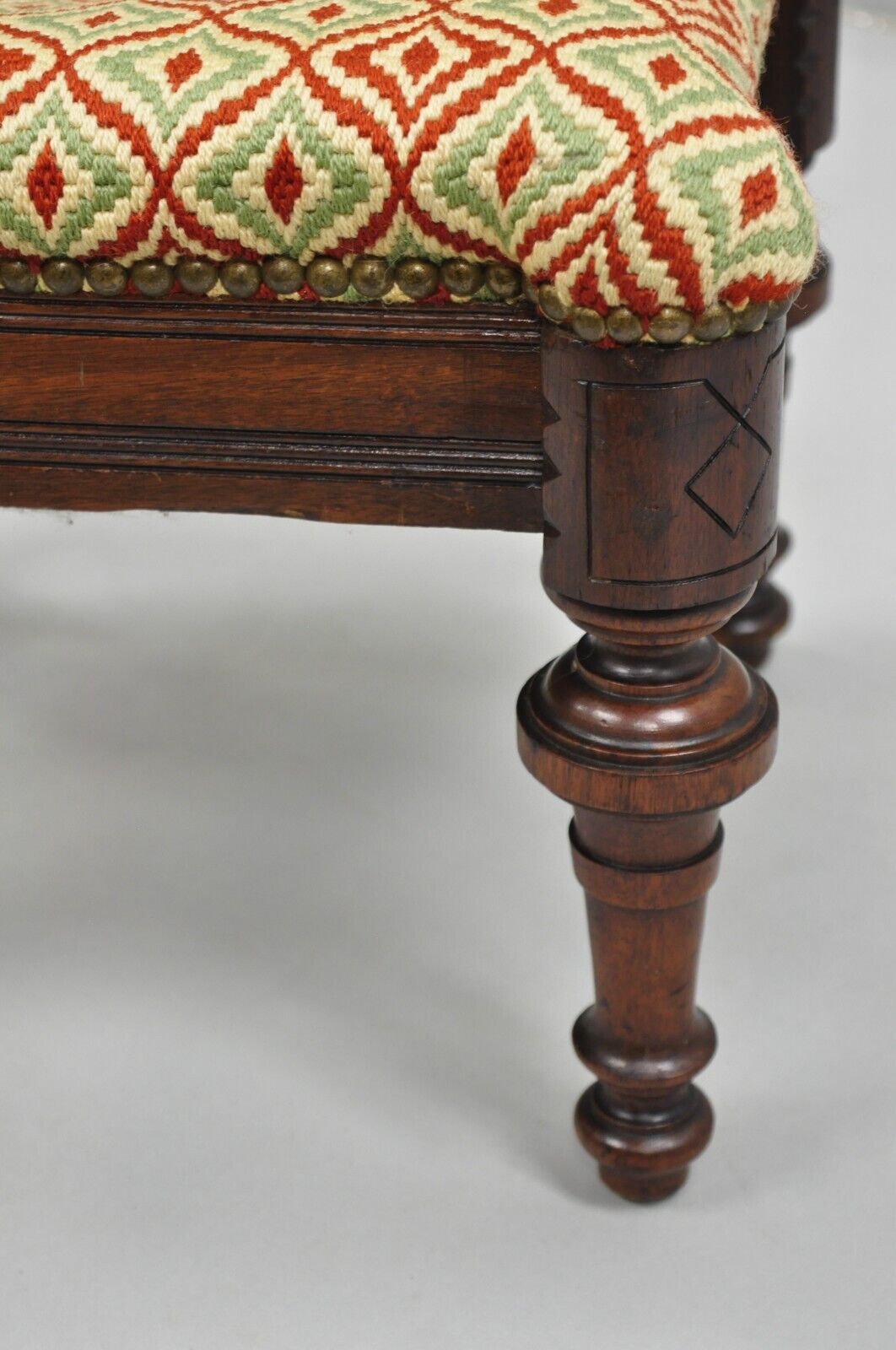 Antique Eastlake Victorian Shapely Footstool Ottoman with Turn Carved Legs