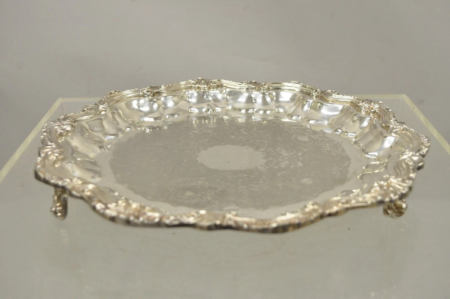 Vintage English Silver Mfg Regency Style Silver Plated 12" Trinket Platter Tray