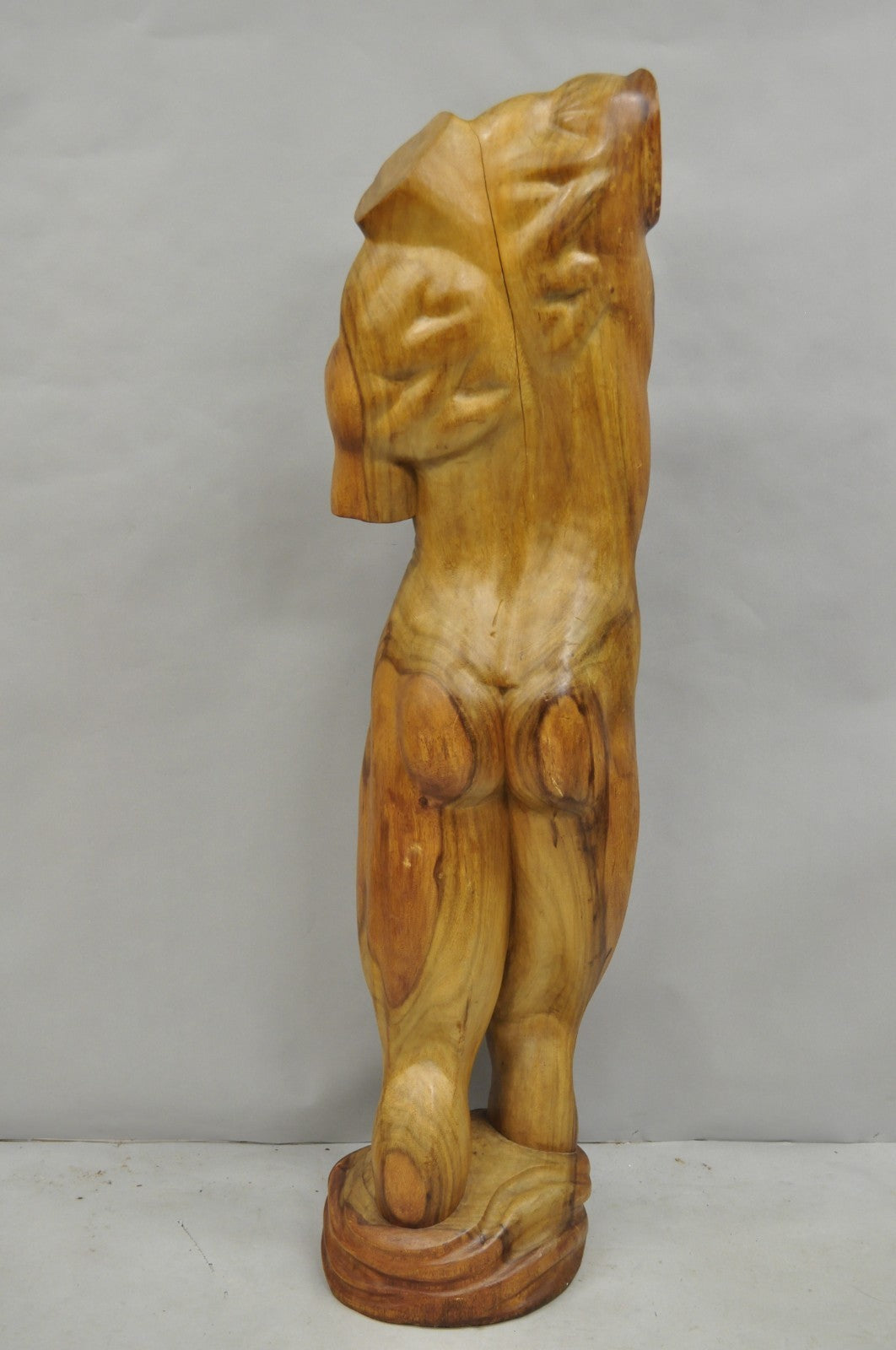 Vintage Mid Century Modern 60" Life-Size Nude Male Carved Wood Statue Sculpture