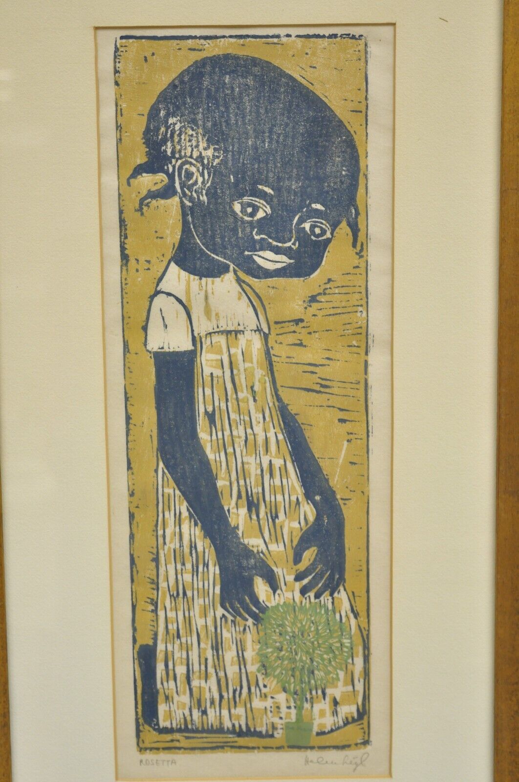 Vintage Helen Siegl "Young Girl" 1950s Woodcut Print Framed Mid Century Art