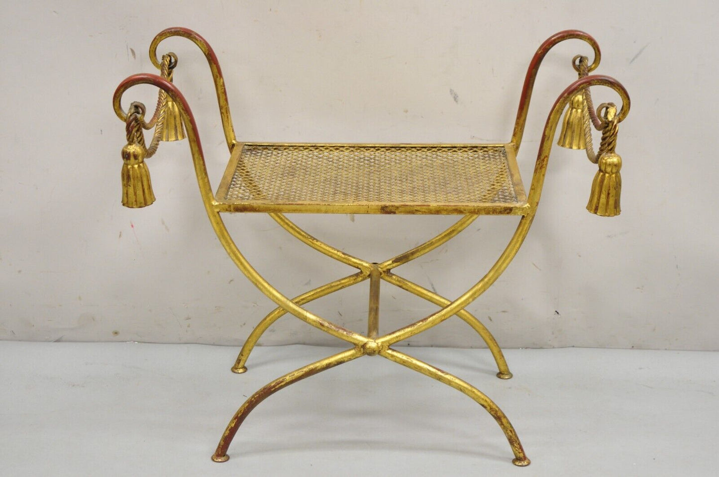 Vintage Italian Hollywood Regency Gold Gilt Iron Rope Tassel Curule Vanity Bench