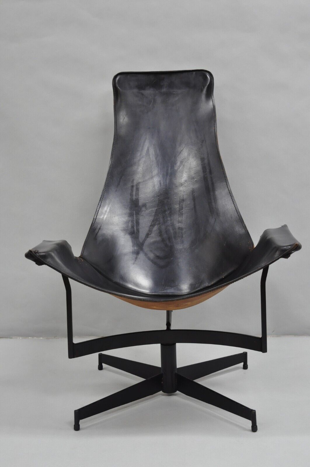 William Katavolos Mid Century Modern Black Leather Sling Steel K Lounge Chair
