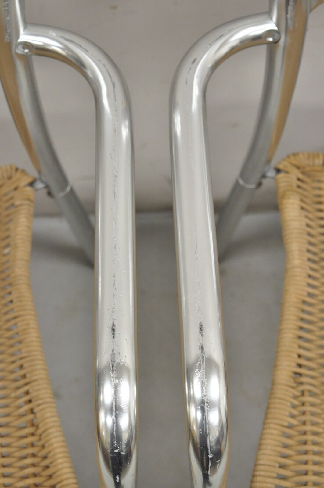 Modern Sculptural Aluminum Metal Rattan Silver Stacking Dining Chairs - Set of 4