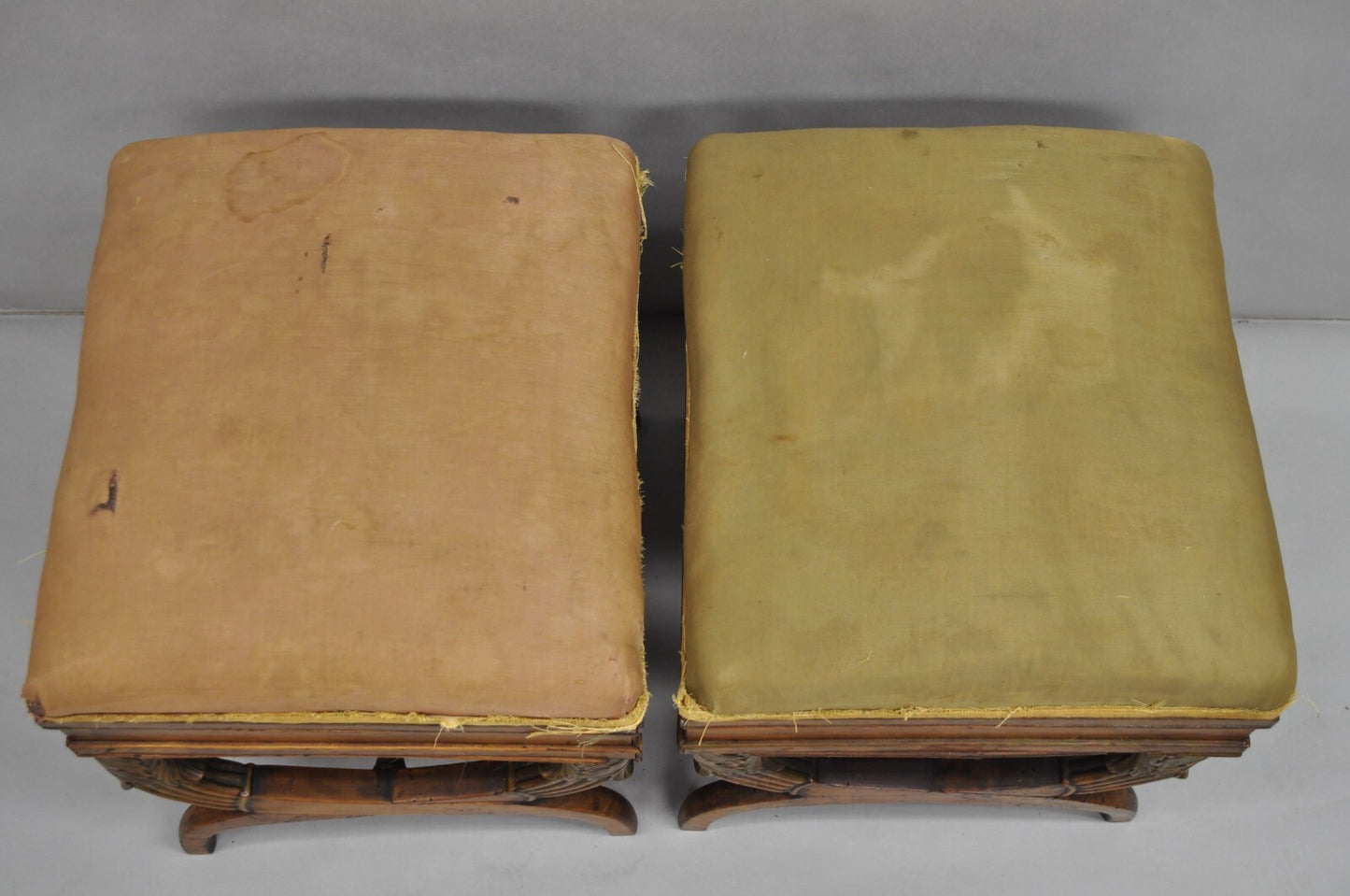 Antique Italian Biedermeier Regency Carved Walnut Curule X-Bench Stool - a Pair