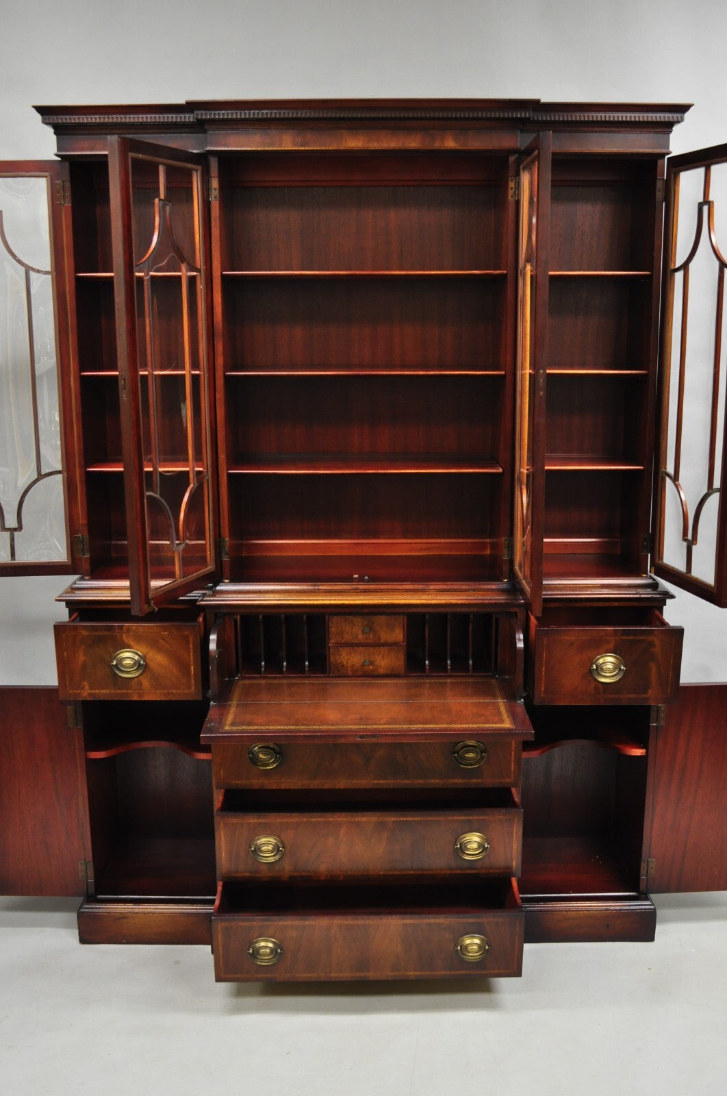 Antique Georgian Mahogany Bubble Glass Breakfront Cabinet Bookcase by Vanleigh
