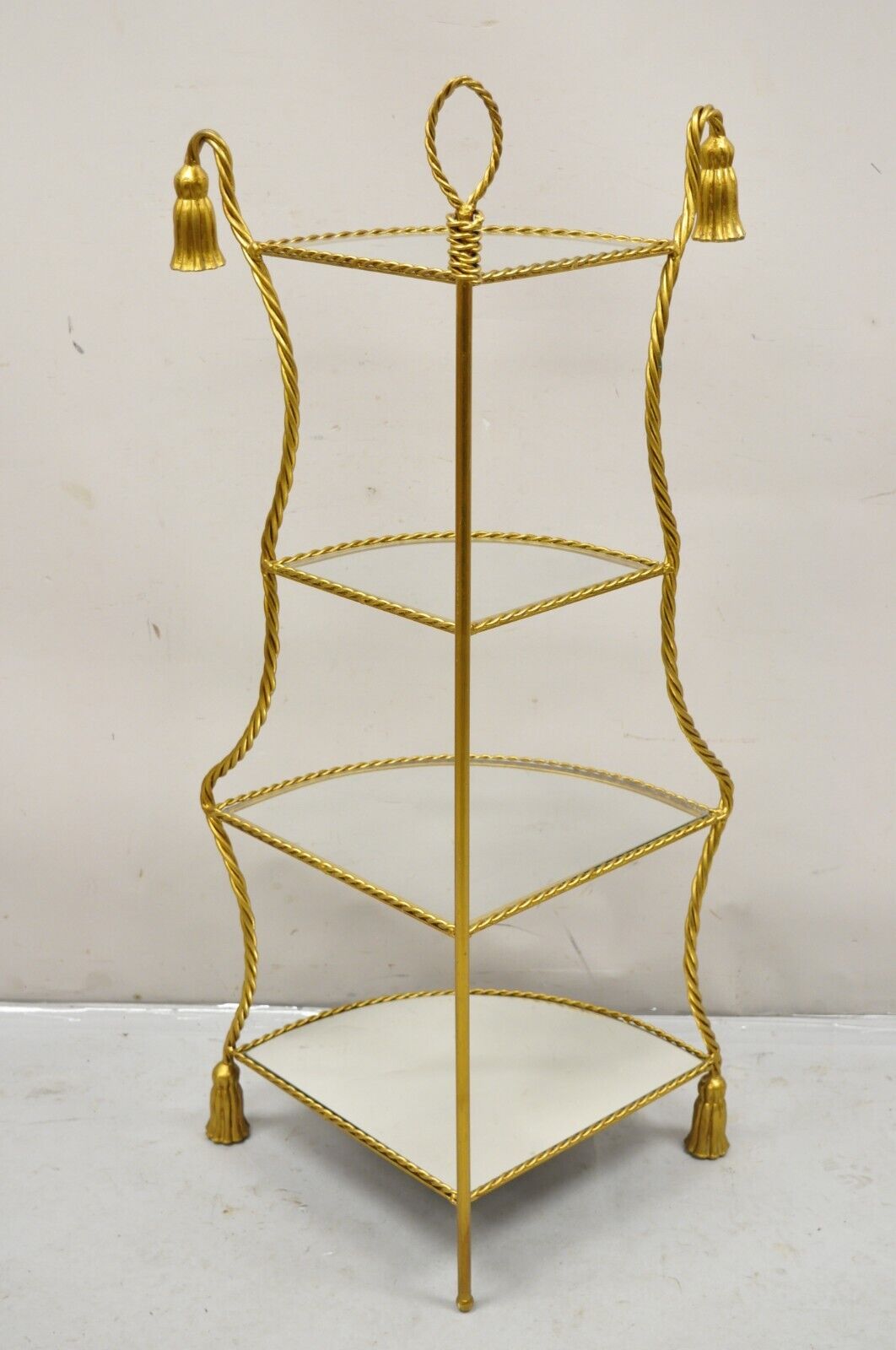 Italian Hollywood Regency Gold Gilt Iron Rope Tassel 4 Tier Etagere Corner Shelf
