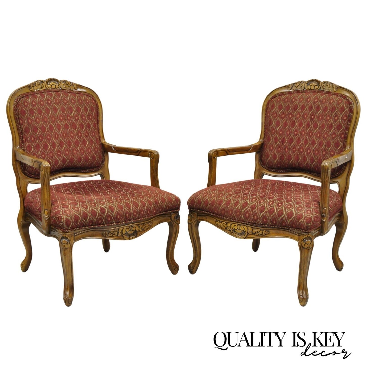 French Country Style Shell Carved Wood Burgundy Upholstered Lounge Chairs - Pair