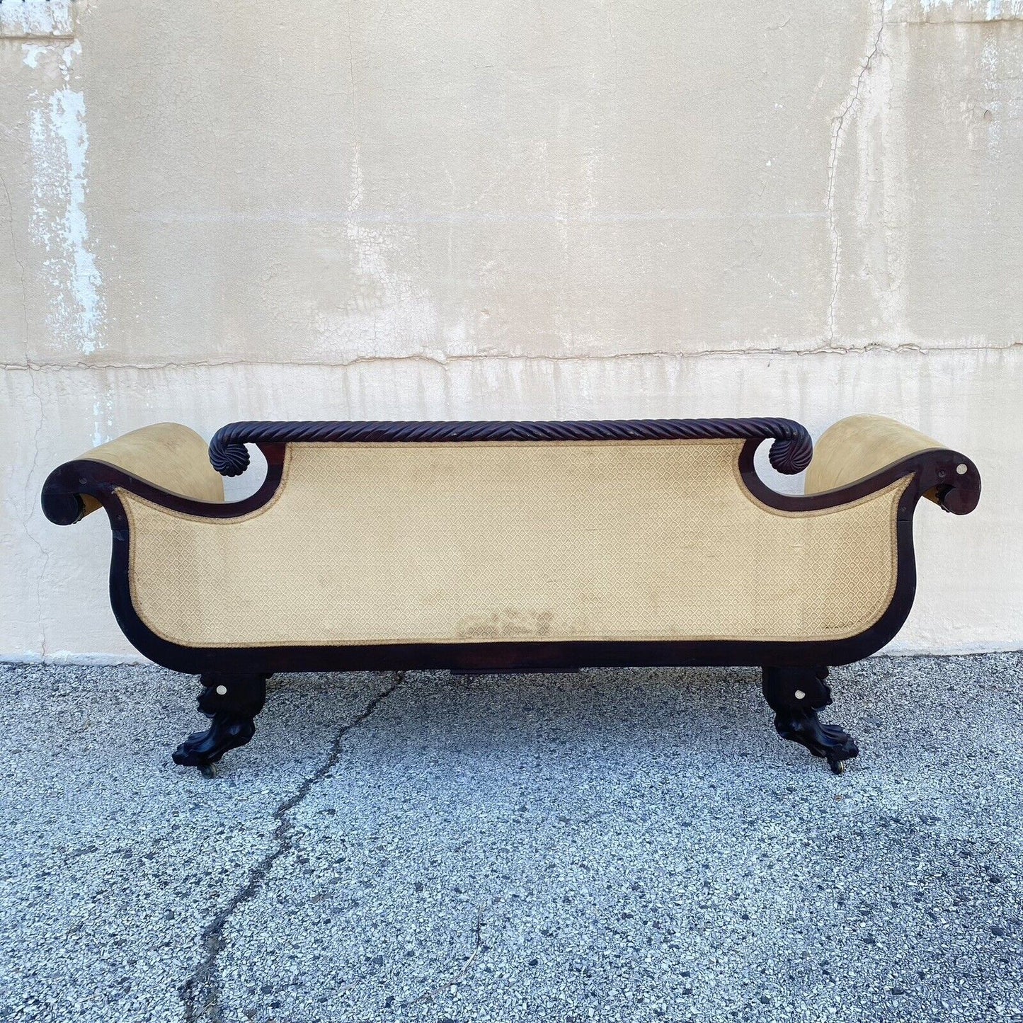 Antique American Empire Classical Carved Mahogany Paw Foot Rolled Arm Sofa