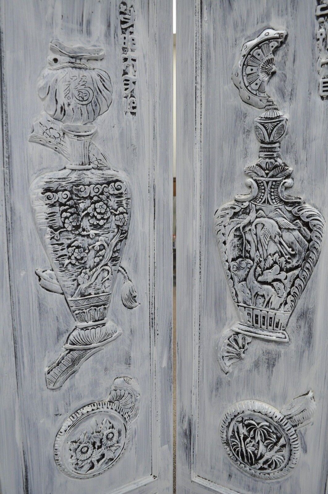 Boho Chic Oriental 4 Panel Screen White Distress Painted Wooden Room Divider