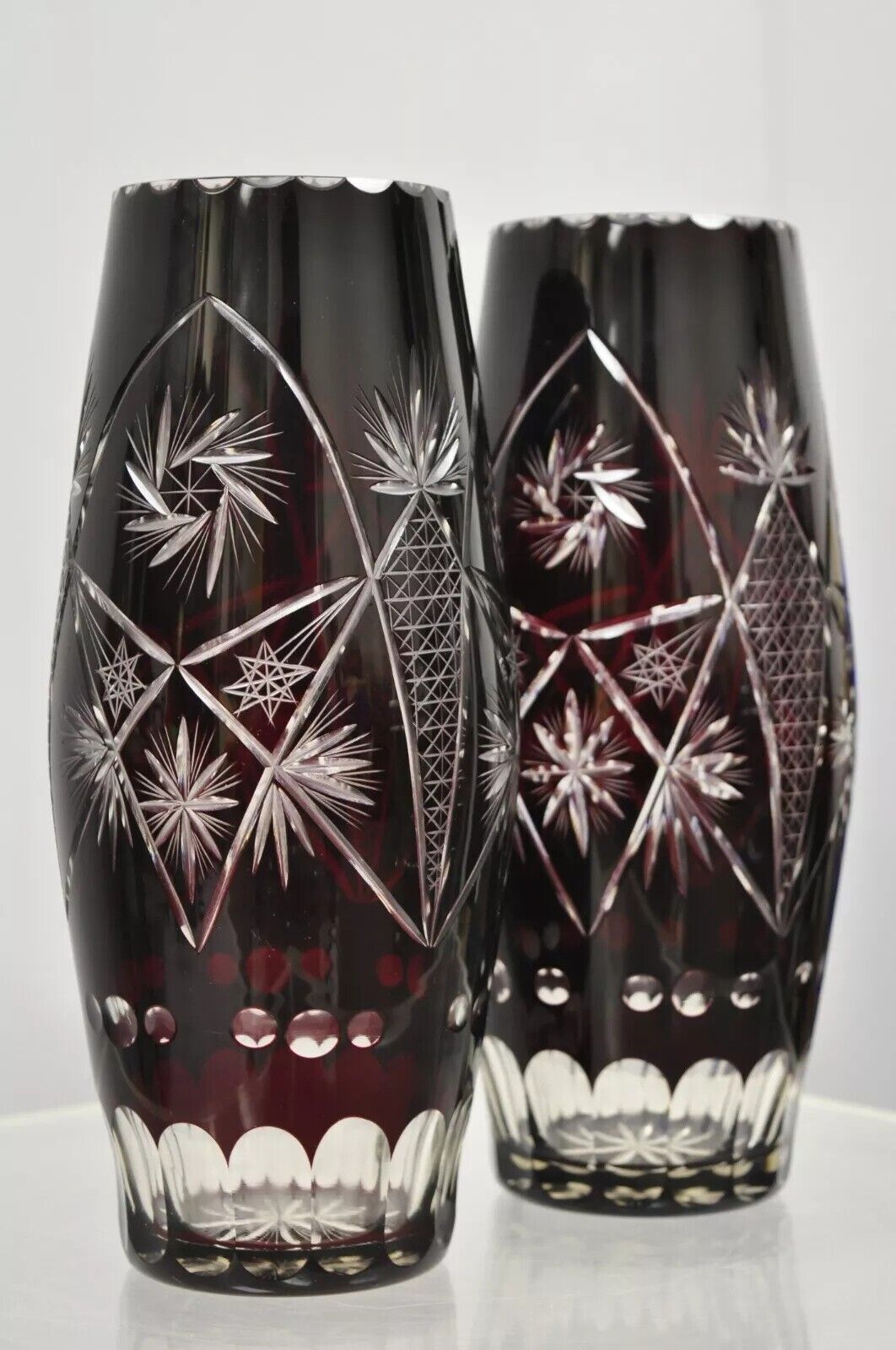 Vintage Bohemian Czech Cut to Clear Cranberry Ruby Glass 10.5" Bud Vase - a Pair