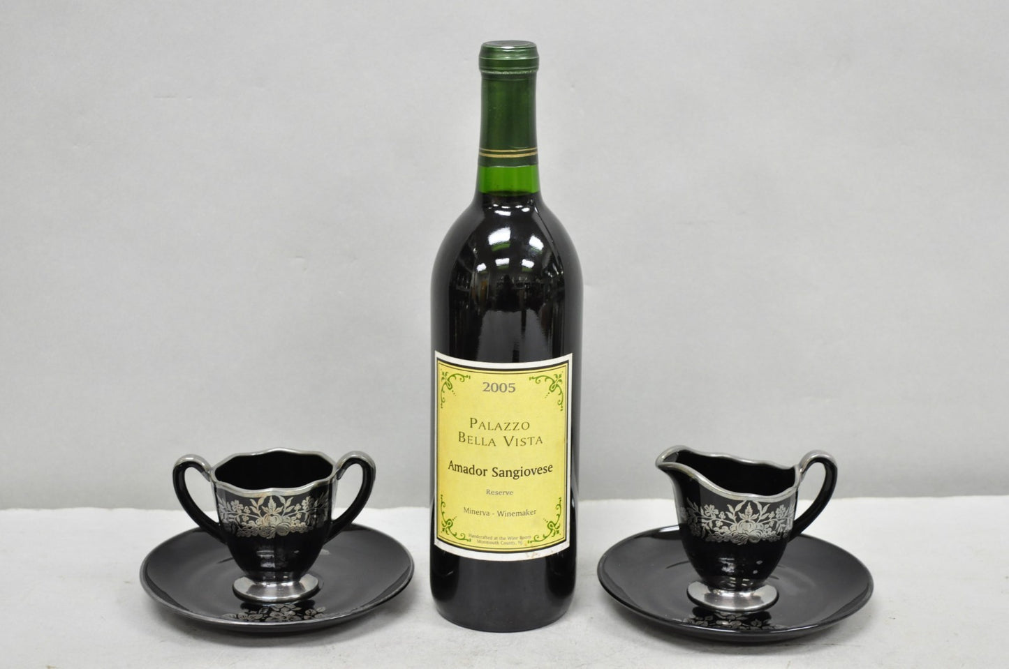 Vintage Rockwell Black Amethyst Glass Creamer Sugar Set Sterling Silver Overlay