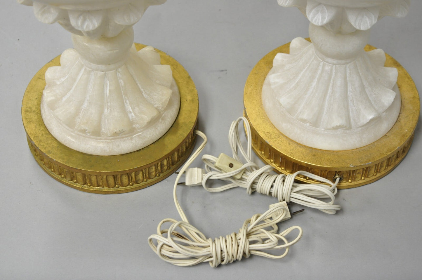 Neoclassical Large Carved Solid Alabaster Marble Leaf Bulbous Table Lamps Pair