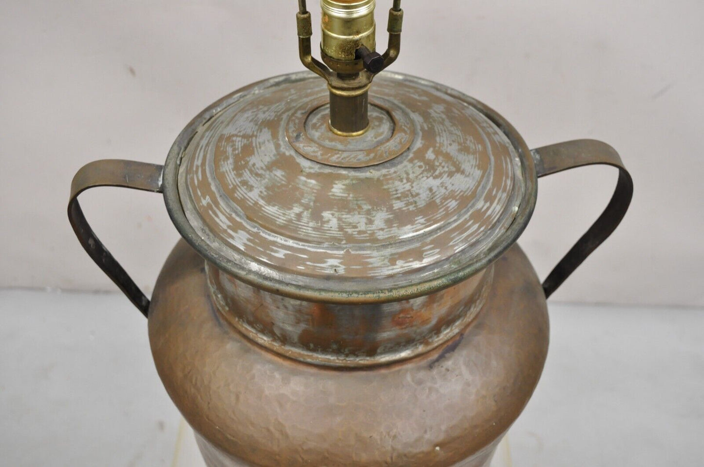 Antique Arts & Crafts Large Hand Hammered Copper Metal Twin Handle Milk Jug Lamp