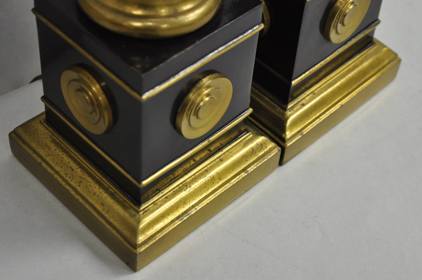 Vintage French Empire Brass Metal "Smoky" Celluloid Column Table Lamps - a Pair