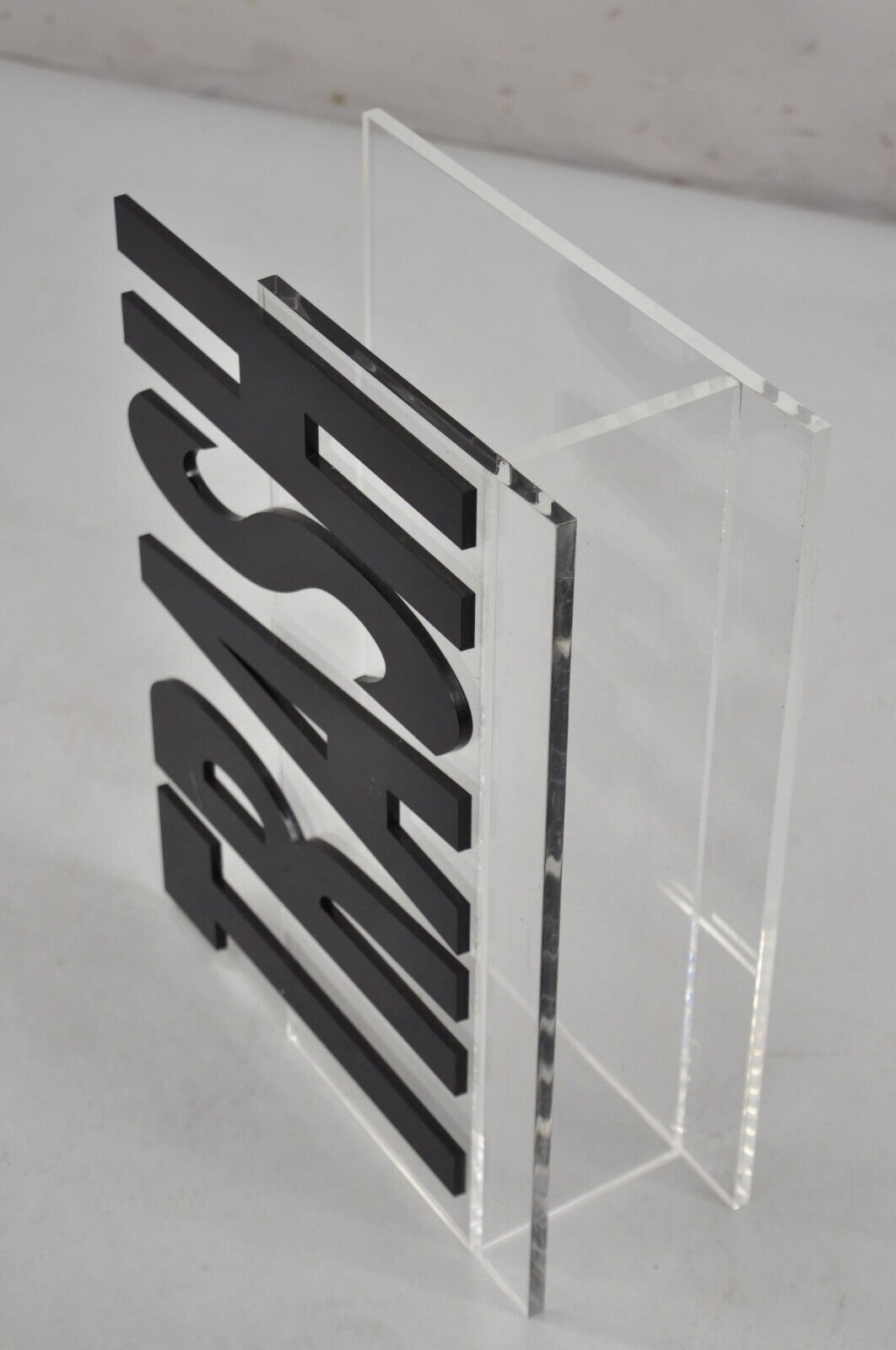 Vintage Mid Century Modern Pop Art "Trash" Lucite Acrylic Magazine Rack Stand