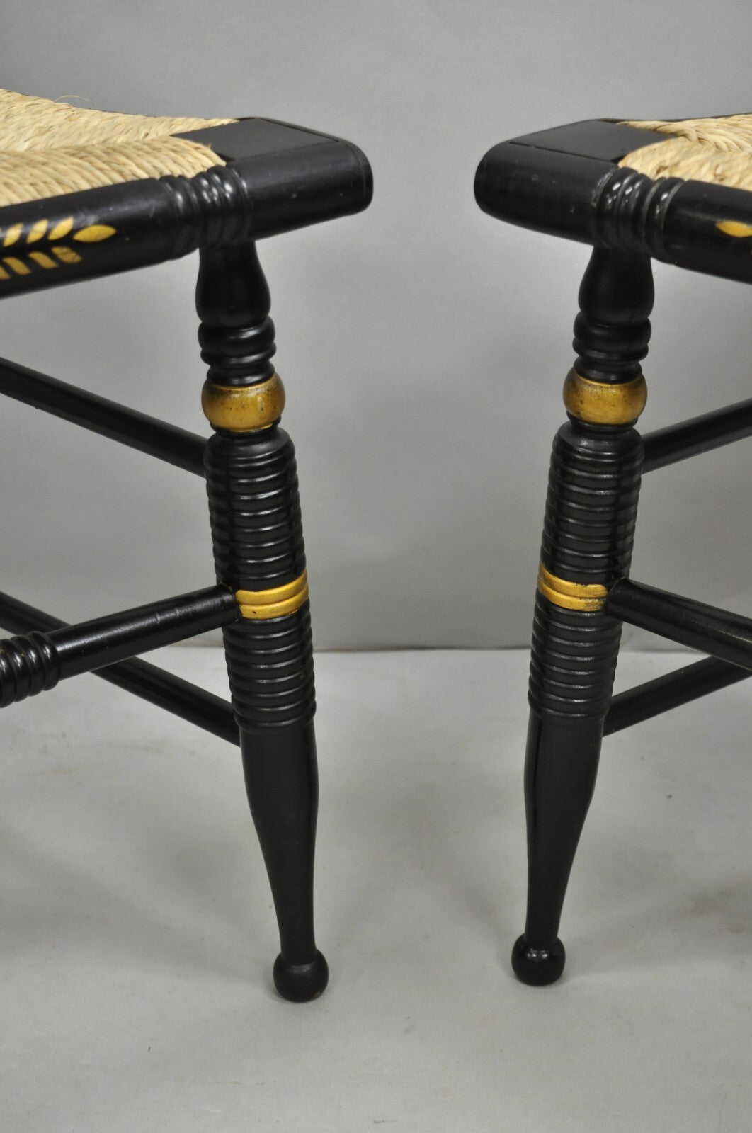 Vintage Nichols & Stone Hitchcock Harvest Stencil Painted Black Side Chair Pair