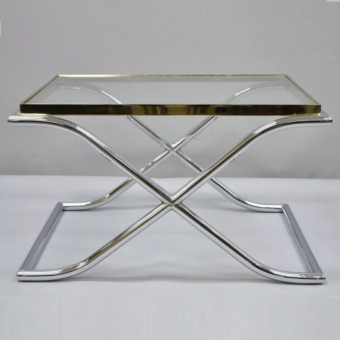 Vintage Hollywood Regency X-Frame Chrome Brass & Glass Small Coffee Table