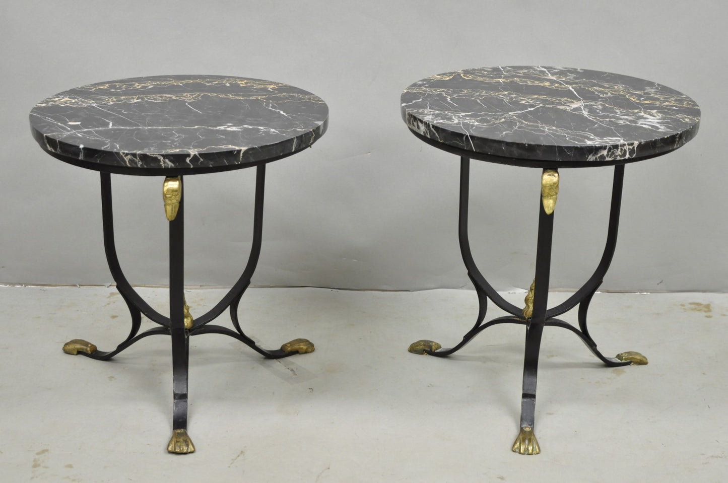 Italian Regency Round Marble Top Wrought Iron Brass Swan Low Drink Table - Pair