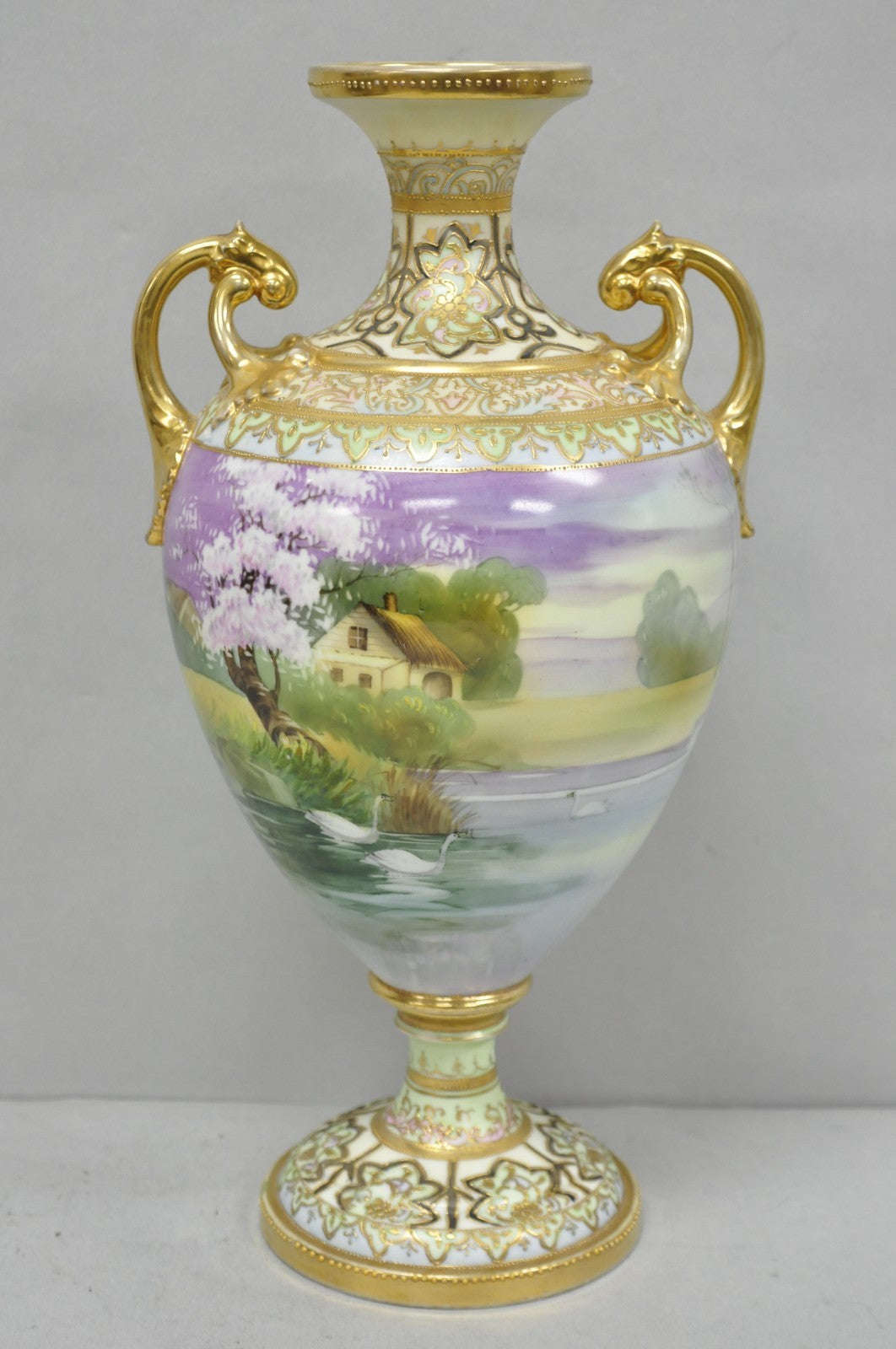Antique Nippon Hand Painted Cottage Lake Porcelain Twin Handle Bolted Urn Vase