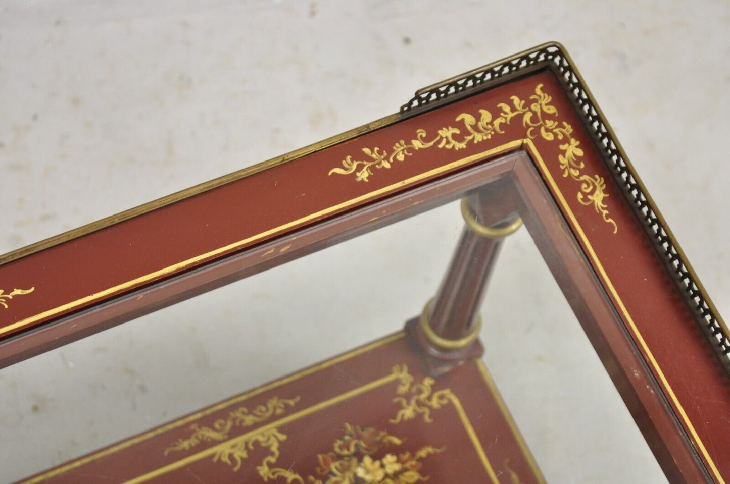Chinoiserie Red Lacquer Gilt Painted Oriental Asian Glass Top Coffee Table