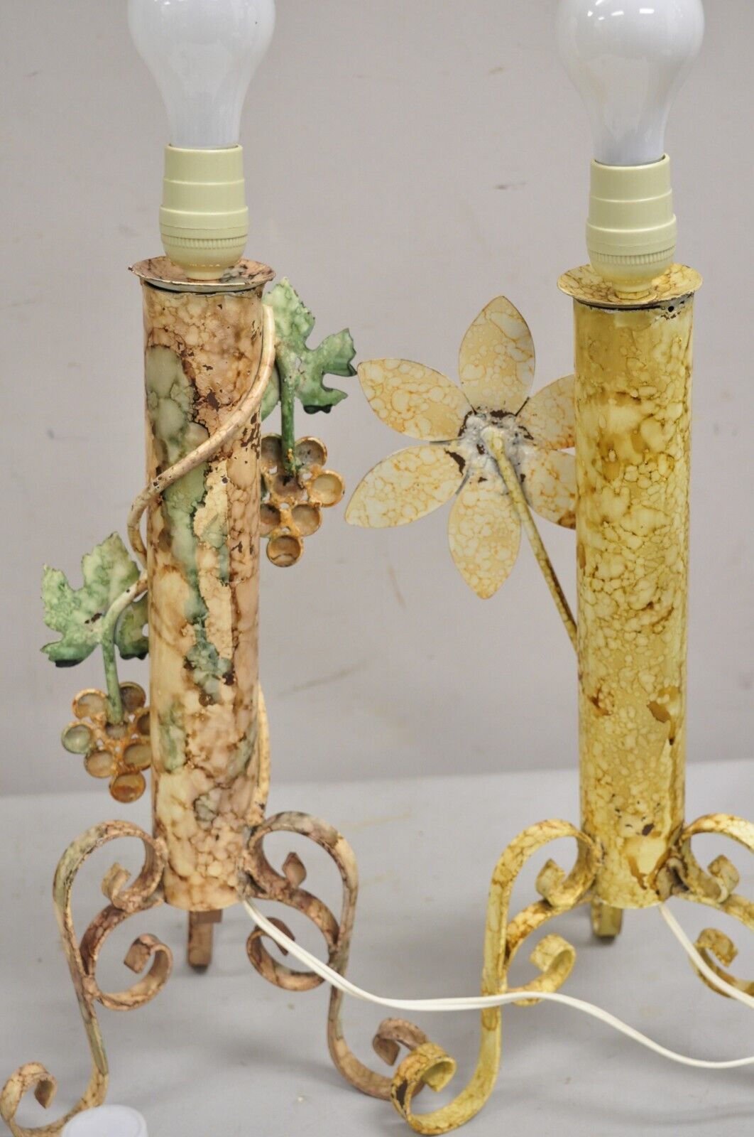 Vintage French Country Painted Metal Grapevine & Floral Form Table Lamps- a Pair