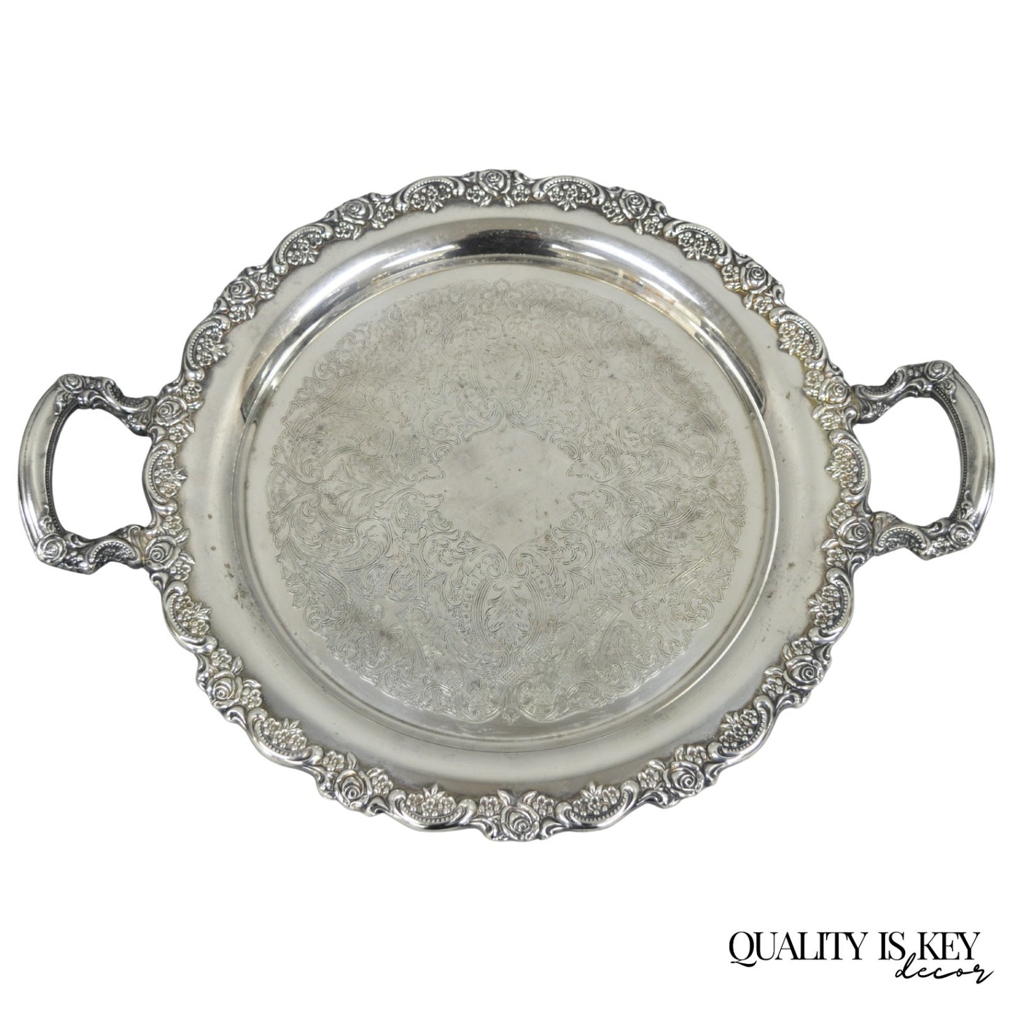 Vintage Oneida Victorian Silver Plated Twin Handle Round Bar Serving Tray