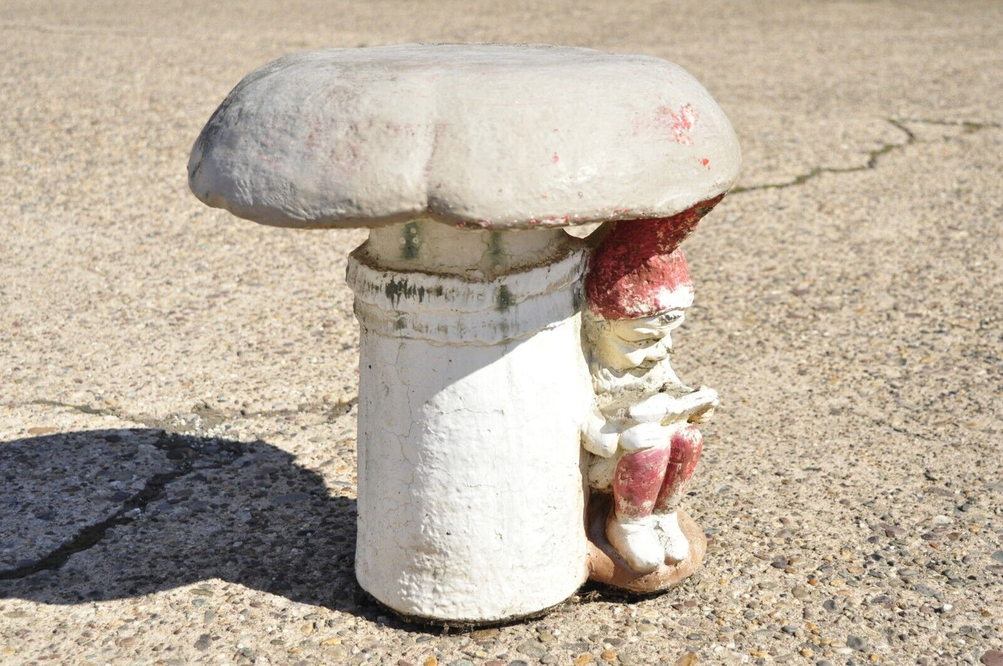 Vintage Cement Concrete Figural Elf under Mushroom Garden Stool Seat