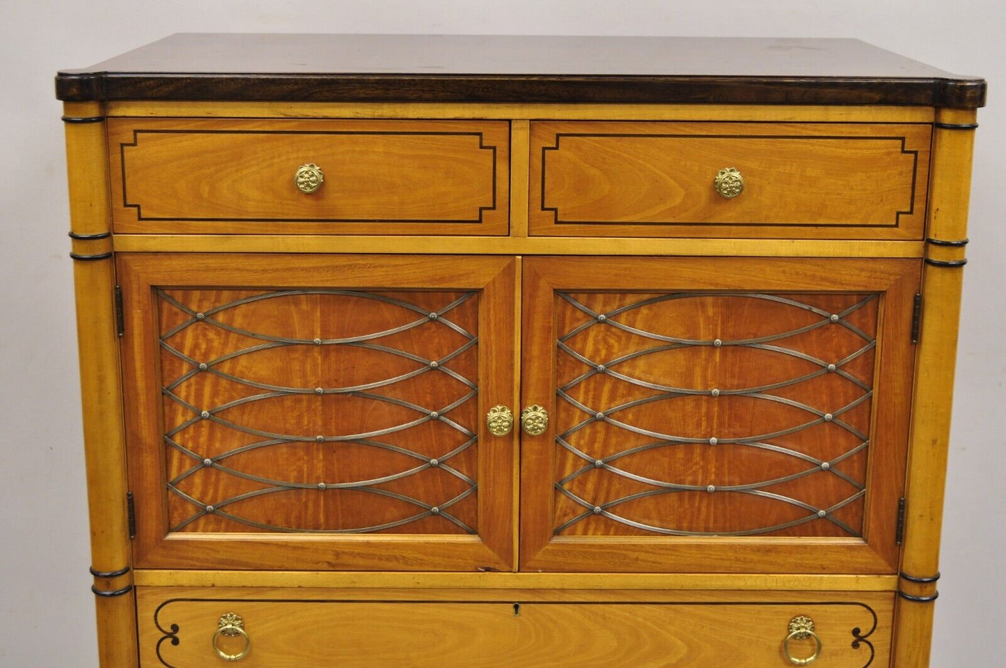 Vintage Kittenger Regency Neoclassical Satinwood & Rosewood Tall Chest Dresser