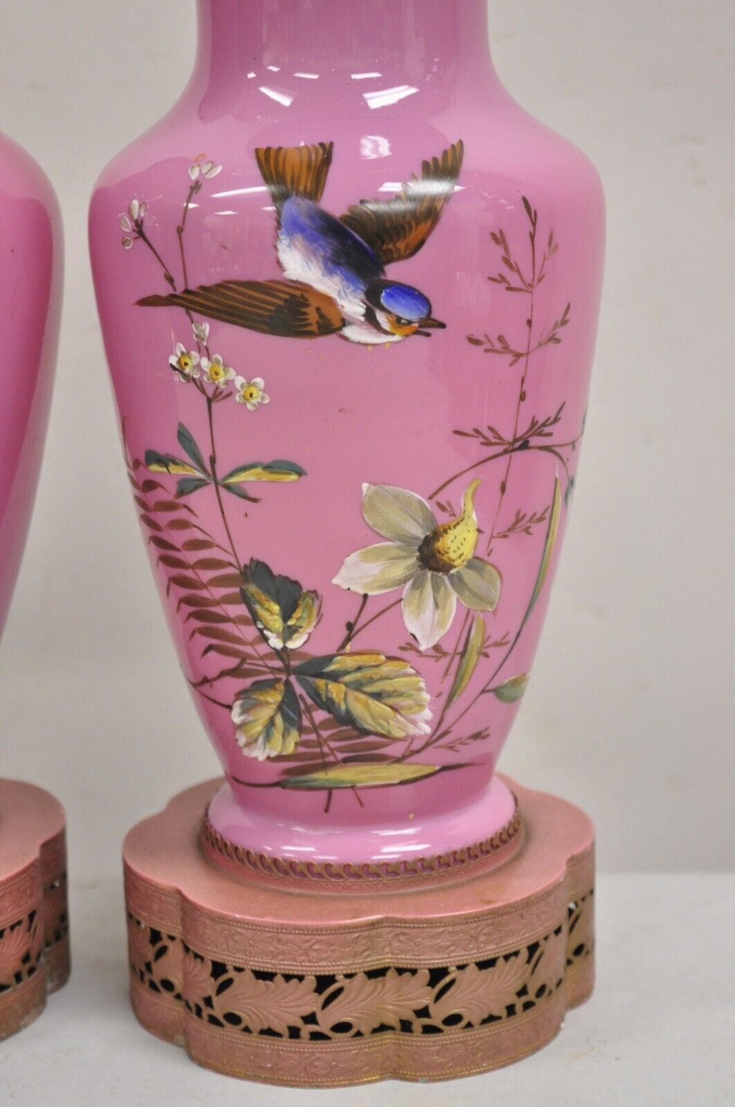Vintage Chinoiserie Pink Porcelain Japanese Bird Painted Table Lamps - a Pair