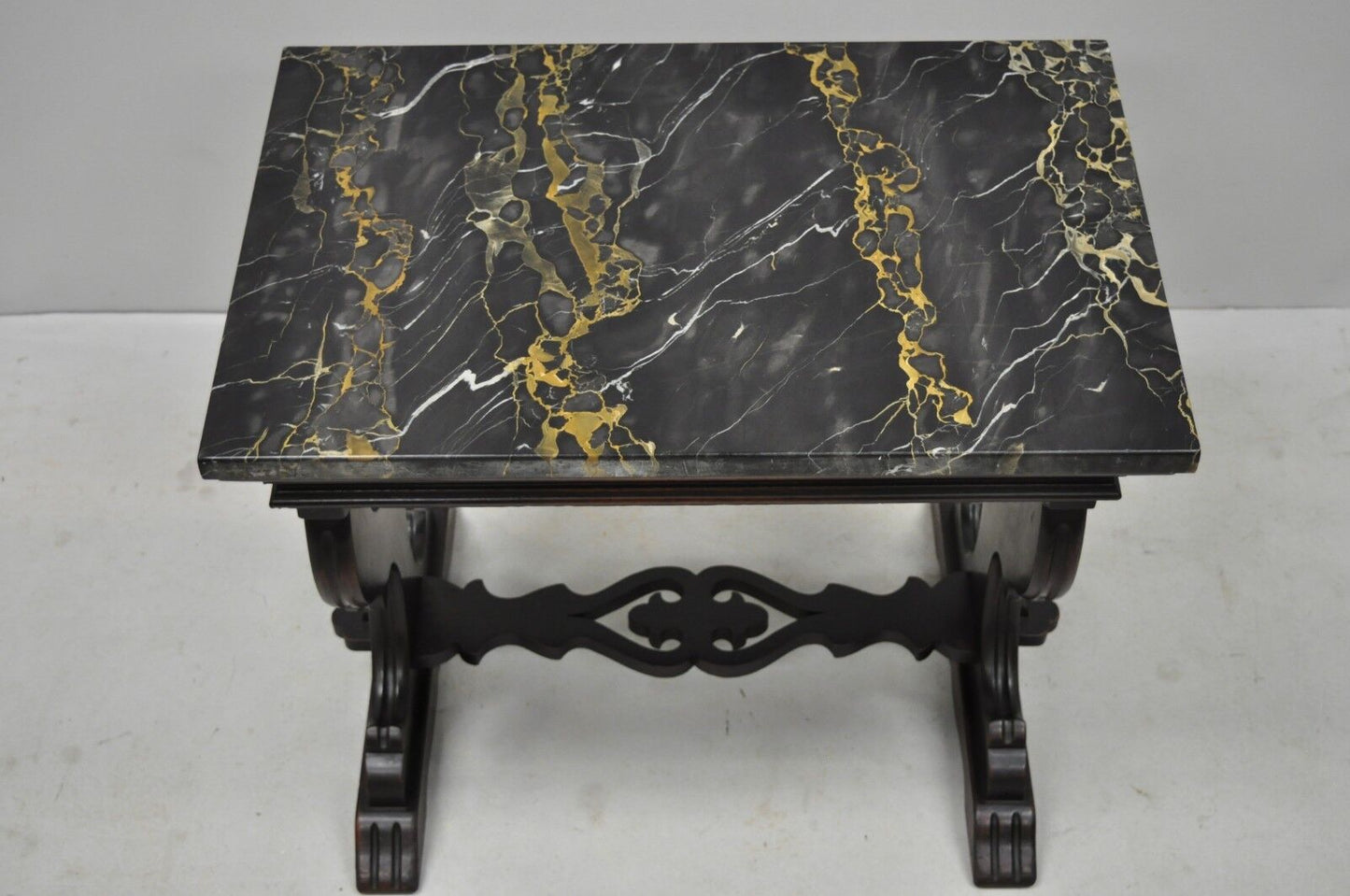 Antique Renaissance Style Carved Walnut Marble Top Side Table from Bloomingdales