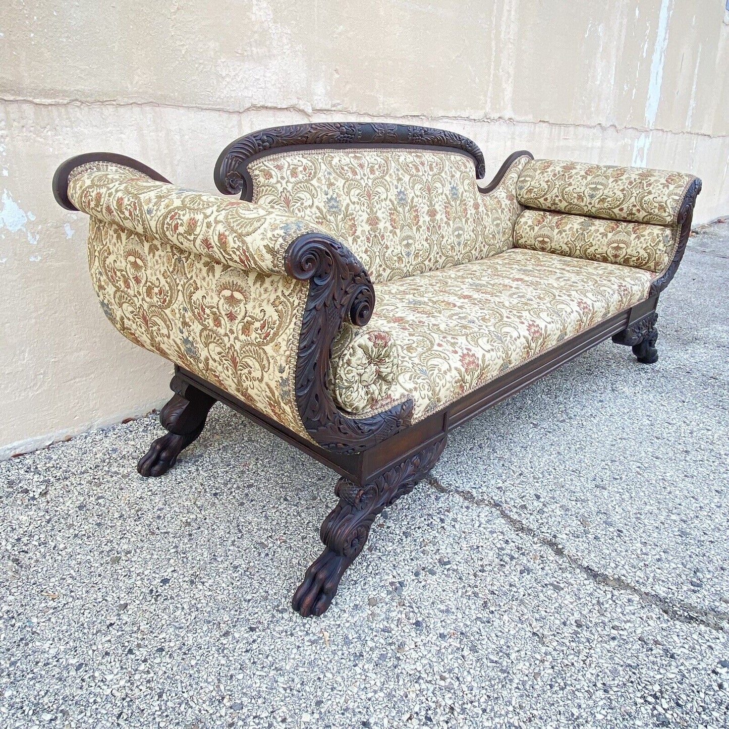 Antique American Empire Classical Carved Mahogany Paw Foot Cornucopia Arm Sofa