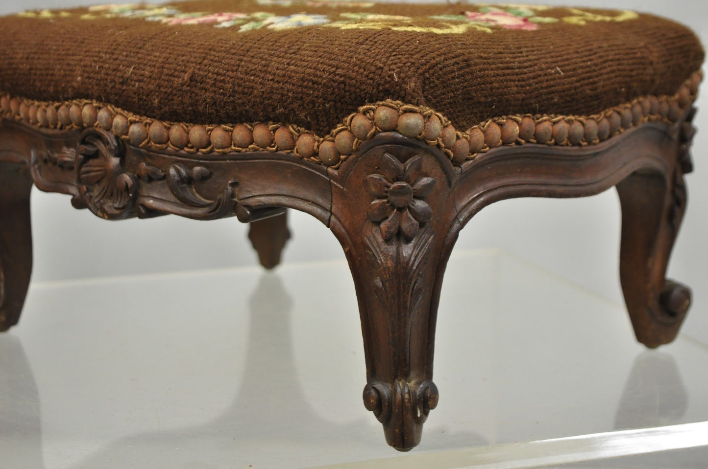 French Country Louis XV Carved Walnut Needlepoint Petite Footstool Ottoman