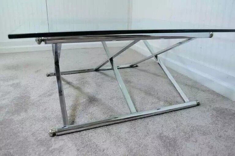 Maison Jansen Style Triple X-Frame Modern Chrome & Glass Square Coffee Table