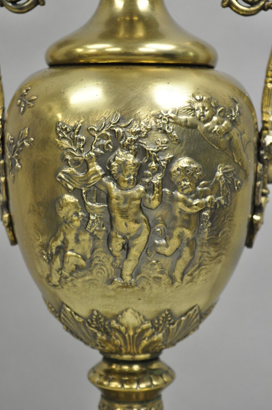 Vintage French Louis XV Renaissance Brass Figural Dancing Cherubs Urn Table Lamp
